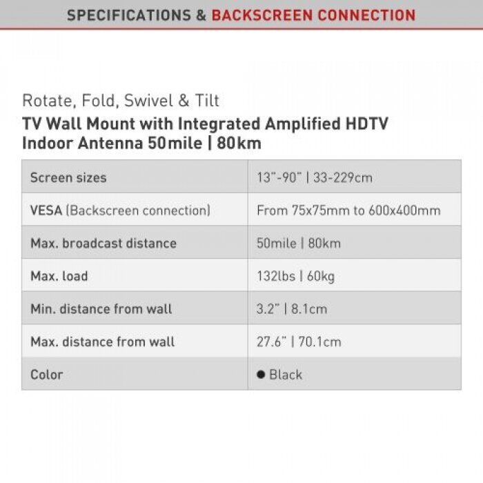 Teleri seinakinnitus integreeritud HDTV siseantenniga Barkan VTM464L цена и информация | Teleri seinakinnitused ja hoidjad | hansapost.ee