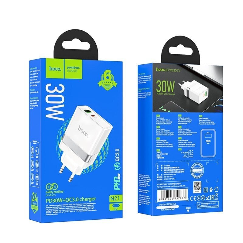 Laadija Hoco N21 USB-A/Type-C PD30W+QC3.0 valge цена и информация | Laadijad mobiiltelefonidele | hansapost.ee