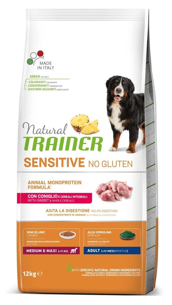 Koerte kuivtoit Natural trainer adult dog sensitive no gluten medium/maxi rabbit jänesega suurt ja keskmist tõugu koertele, 12 kg цена и информация | Koerte kuivtoit ja krõbinad | hansapost.ee