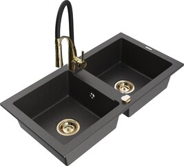 Гранитная кухонная мойка Mexen Mario со смесителем и сифоном, Black granite+Black/Gold цена и информация | Раковины на кухню | hansapost.ee