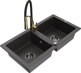 Гранитная кухонная мойка Mexen Mario со смесителем и сифоном, Black granite+Black/Gold цена и информация | Раковины на кухню | hansapost.ee