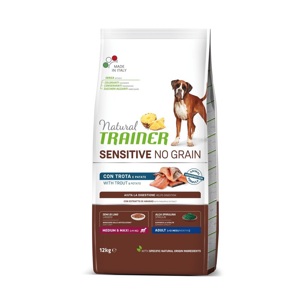 Koerte kuuivtoit Natural trainer adult dog sensitive no grain forell medium maxi teraviljavaba, forelliga, keskmist ja suurt tõugu koertele, 12 kg hind ja info | Koerte kuivtoit ja krõbinad | hansapost.ee