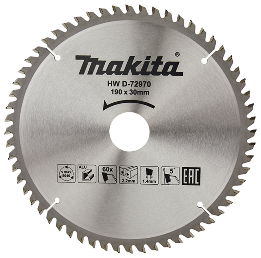 T.C.T hammastega saeketas alumiiniumi lõikamiseks 190 X 2.2 X 30 mm 5° T60 Makita D-72970 цена и информация | Käsitööriistad | hansapost.ee