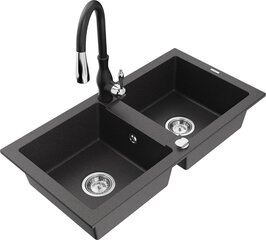 Гранитная кухонная мойка Mexen Mario со смесителем и сифоном, Black granite+Black цена и информация | Раковины на кухню | hansapost.ee