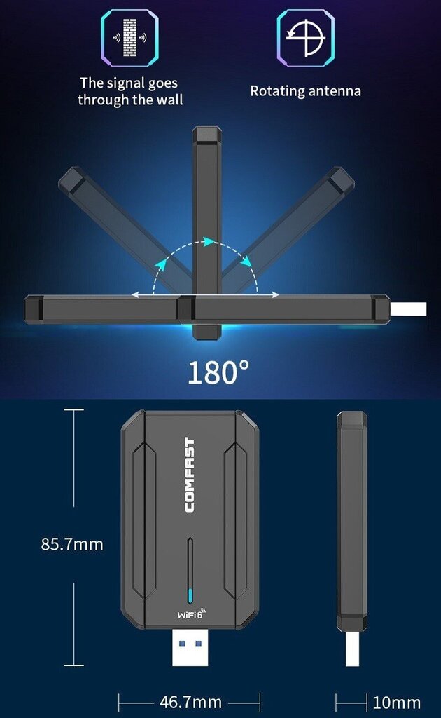 WiFi-USB-adapter, 5374 Mbps, 2,4 GHz, 5 GHz, 6 GHz hind ja info | Ruuterid | hansapost.ee