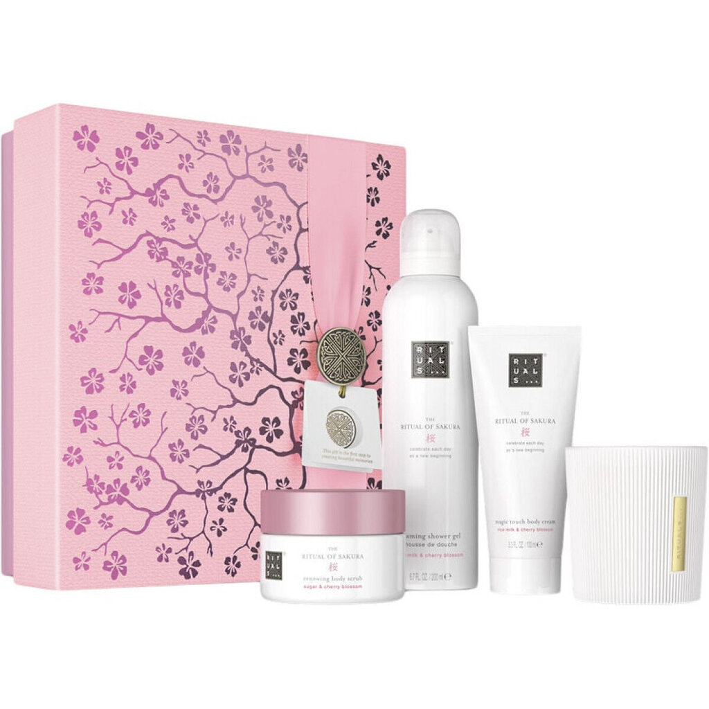 Kosmeetikakomplekt Rituals the Ritual of Sakura Medium Gift Set M: kehakreem, 100 ml + lõhnaküünal, 140 g + kehakoorija, 125 g + dušigeel, 200 ml hind ja info | Kehakreemid, kehaõlid ja losjoonid | hansapost.ee