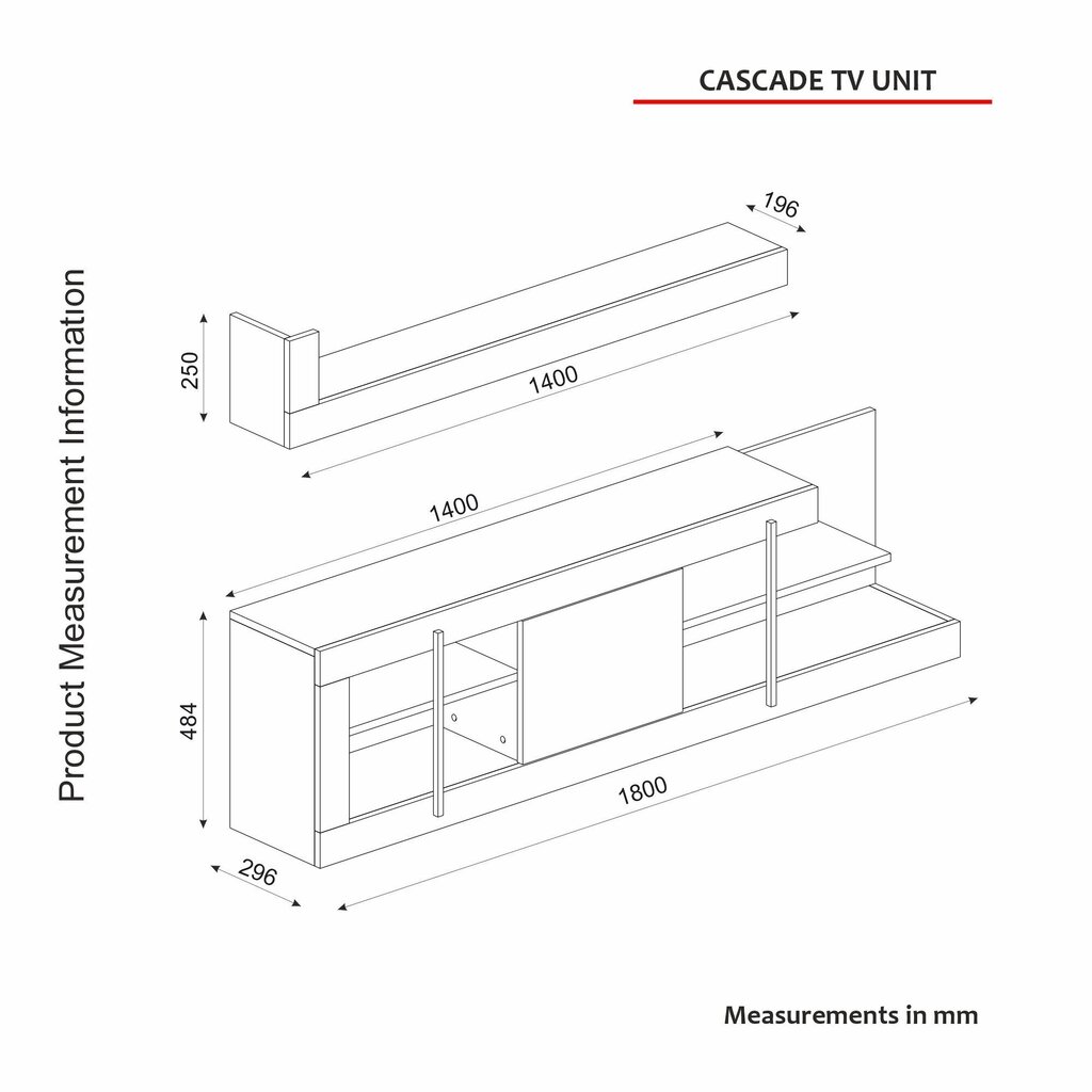 Tv alus Asir, 180x48,4x29,6cm, 140x25x19,6cm, valge/kuldne цена и информация | Televiisori alused | hansapost.ee