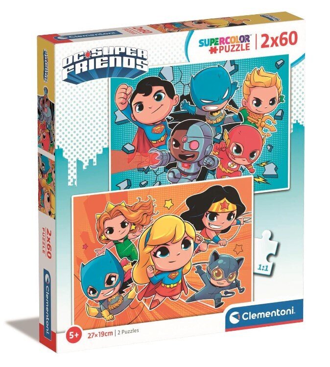 Mõistatuste komplekt DC Super Friends Clementoni, 21624, 2x60 tk цена и информация | Pusled lastele ja täiskasvanutele | hansapost.ee