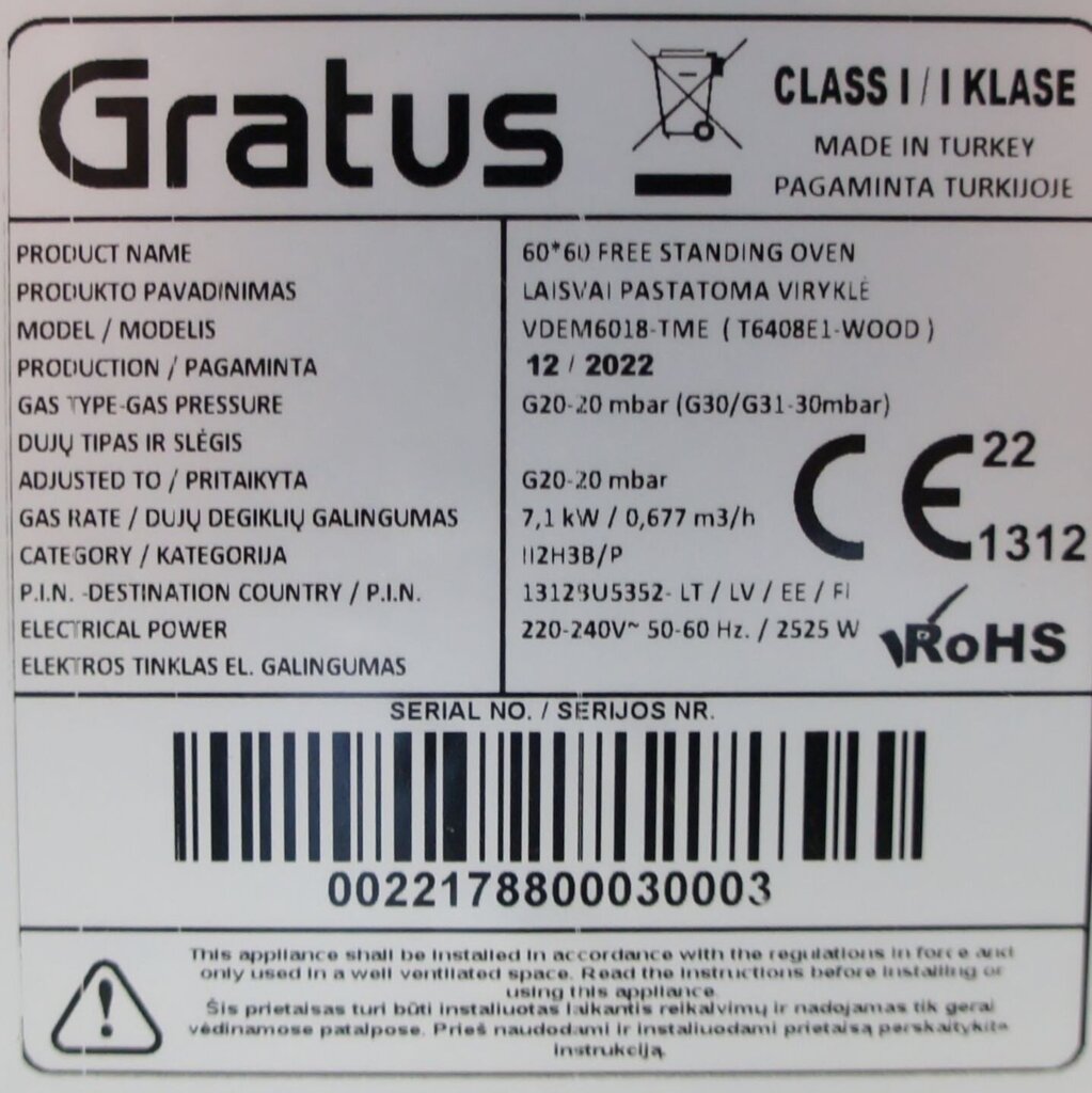 Gratus VDEM6018-TME hind ja info | Gaasipliidid | hansapost.ee