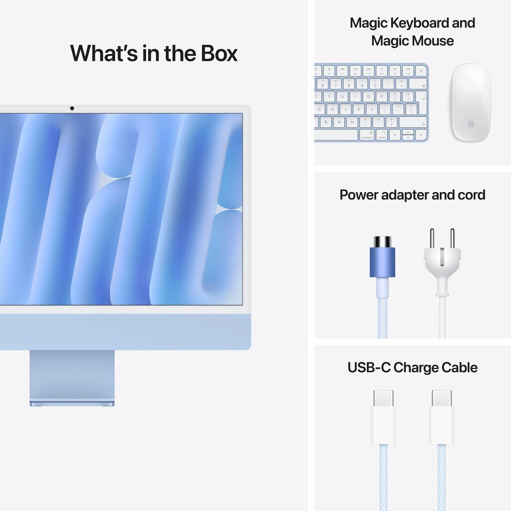 iMac 24” 4,5K Retina, Apple M4 8C CPU, 8C GPU/16GB/256GB SSD/Blue/INT MWUF3ZE/A hind ja info | Lauaarvutid | hansapost.ee