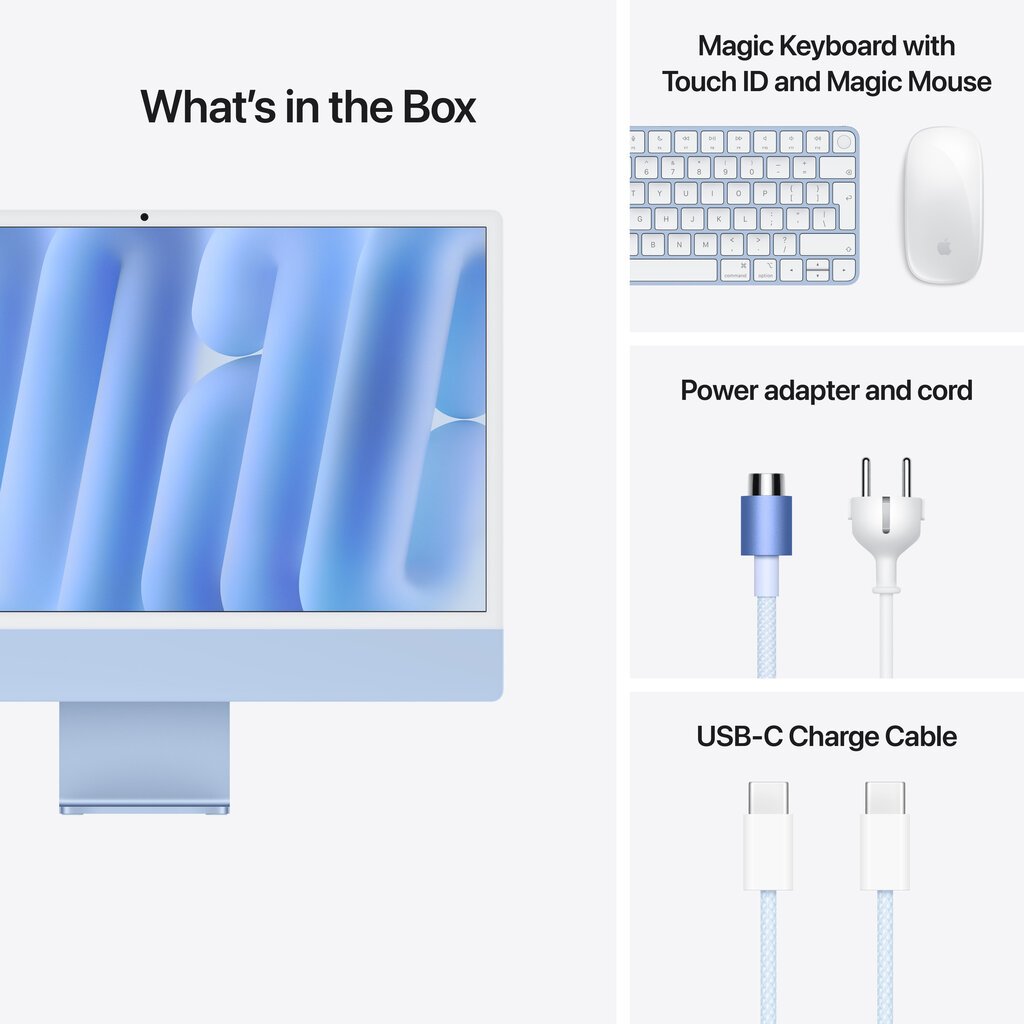 iMac 24” 4.5K Retina, Apple M4 10C CPU, 10C GPU/16GB/256GB SSD/Blue/INT MWV13ZE/A hind ja info | Lauaarvutid | hansapost.ee