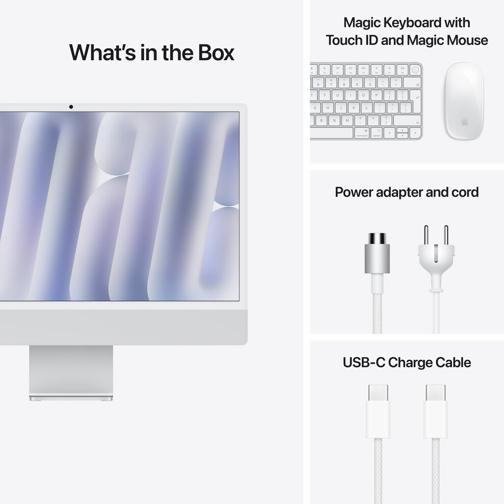 iMac 24” 4.5K Retina, Apple M4 10C CPU, 10C GPU/16GB/256GB SSD/Silver/RUS MWUU3RU/A hind ja info | Lauaarvutid | hansapost.ee