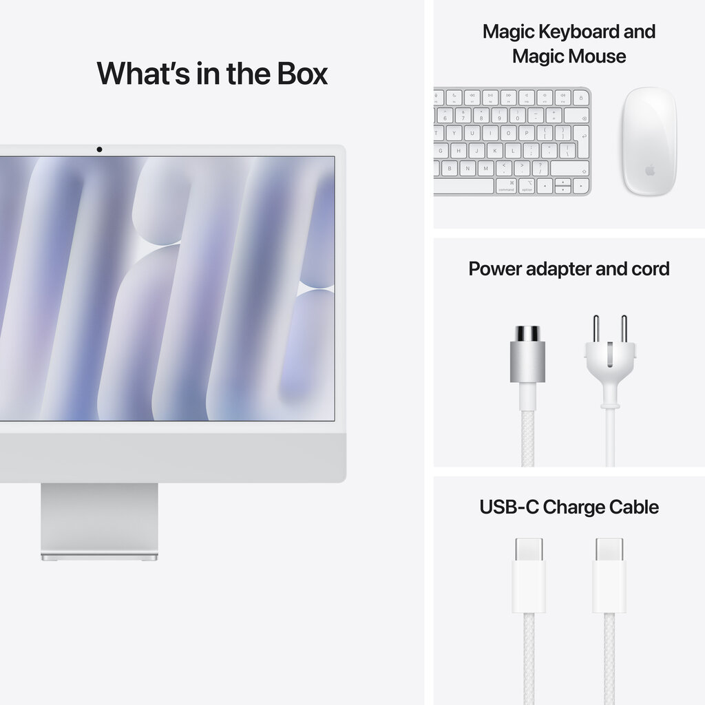 iMac 24” 4.5K Retina, Apple M4 8C CPU, 8C GPU/16GB/256GB SSD/Silver/SWE MWUC3KS/A hind ja info | Lauaarvutid | hansapost.ee