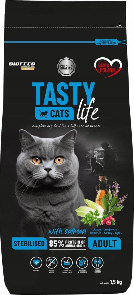 Biofeed kuivtoit kassile Tasty Cats Life Sterilised Salmon, 1,5kg hind ja info | Kassi kuivtoit ja kassikrõbinad | hansapost.ee