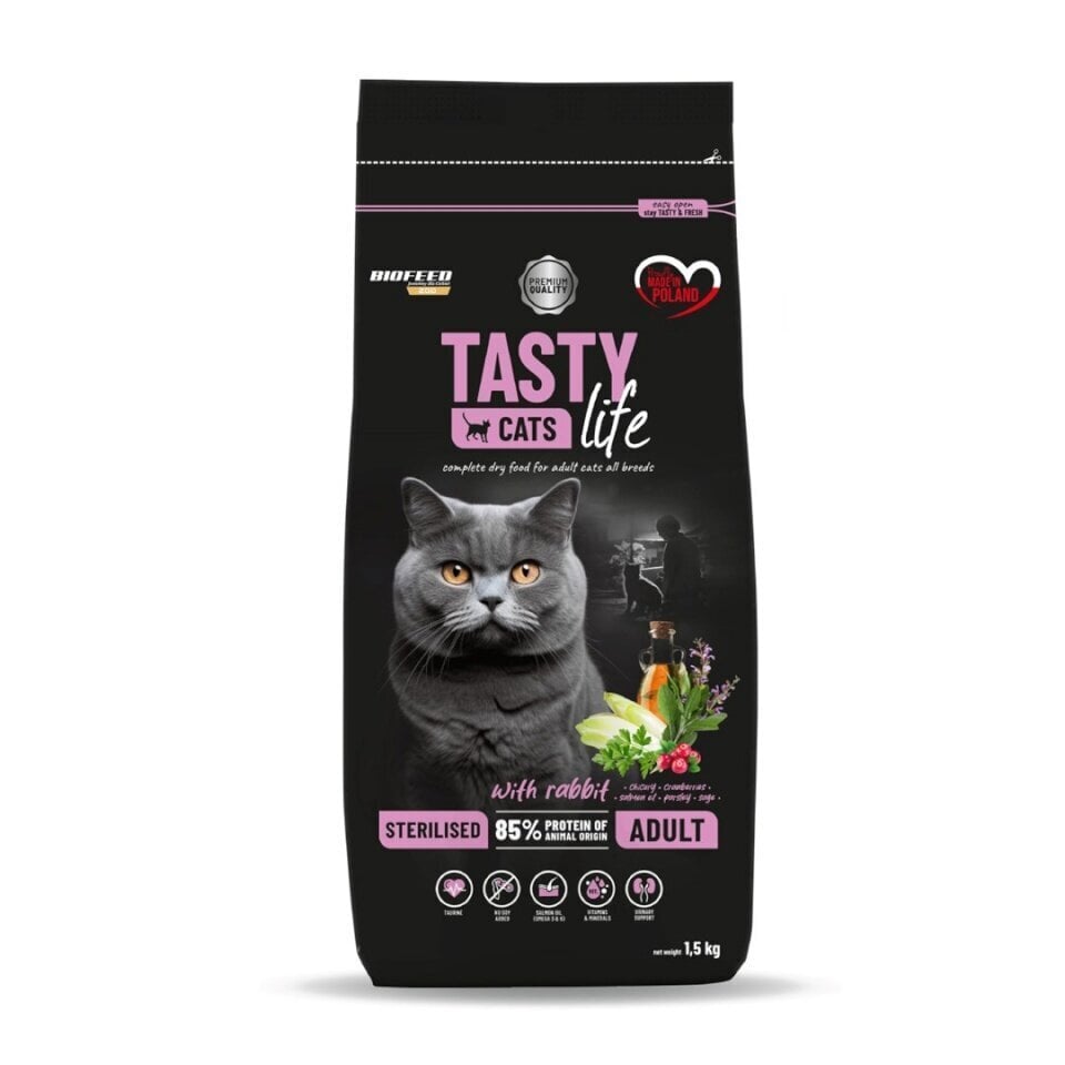 Biofeed kuivtoit kassile Tasty Cats Life Sterilised Rabbit, 1,5kg цена и информация | Kassi kuivtoit ja kassikrõbinad | hansapost.ee