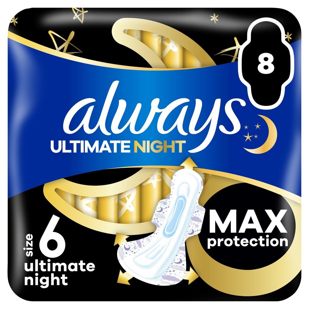 Hügieenisidemed Always Ultimate Night Size 6, 8 tk hind ja info | Tampoonid, hügieenisidemed ja menstruaalanumad | hansapost.ee