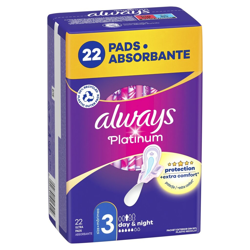 Hügieenisidemed Always Platinum Size 3, Day & Night, 22 tk hind ja info | Tampoonid, hügieenisidemed ja menstruaalanumad | hansapost.ee