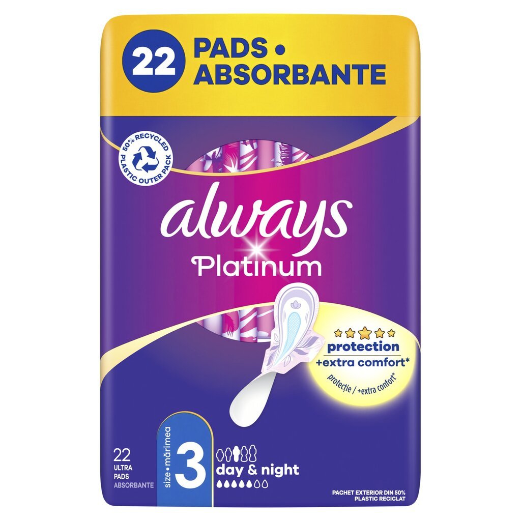 Hügieenisidemed Always Platinum Size 3, Day & Night, 22 tk hind ja info | Tampoonid, hügieenisidemed ja menstruaalanumad | hansapost.ee