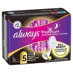 Гигиенические прокладки Always Platinum Secure Night Extra Size 5, 8 шт. цена и информация | Тампоны, гигиенические прокладки для критических дней, ежедневные прокладки | hansapost.ee