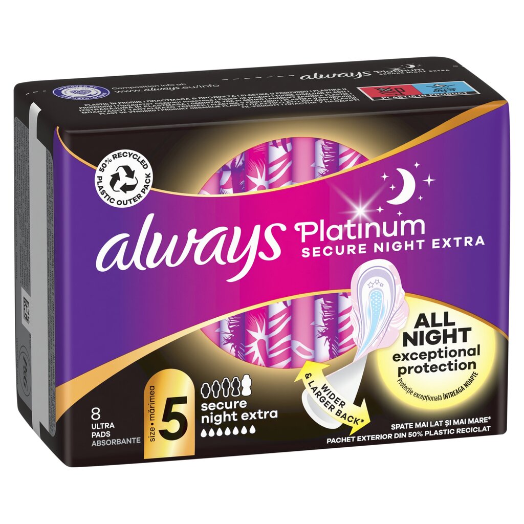 Hügieenisidemed Always Platinum Secure Night Extra Size 5, 8 tk цена и информация | Tampoonid, hügieenisidemed ja menstruaalanumad | hansapost.ee