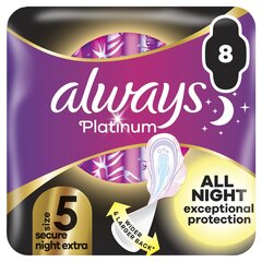 Гигиенические прокладки Always Platinum Secure Night Extra Size 5, 8 шт. цена и информация | Тампоны, гигиенические прокладки для критических дней, ежедневные прокладки | hansapost.ee