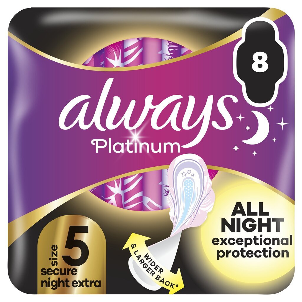 Hügieenisidemed Always Platinum Secure Night Extra Size 5, 8 tk цена и информация | Tampoonid, hügieenisidemed ja menstruaalanumad | hansapost.ee