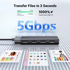 USB-A 3.0 HUB адаптер с 4 портами и кабелем питания, черный цена и информация | Адаптеры и USB-hub | hansapost.ee