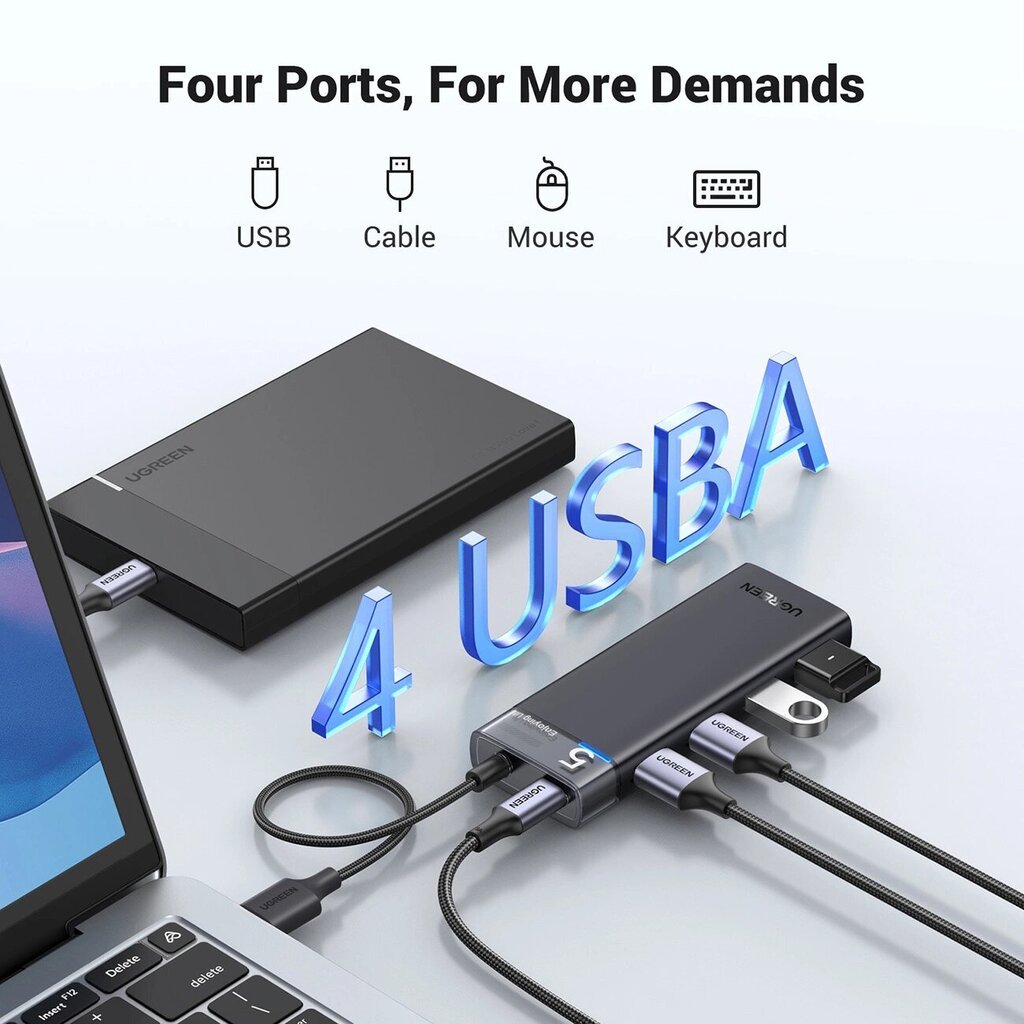 USB-A 3.0 HUB adapter 4 pordiga toitekaabliga, must цена и информация | USB adapterid ja jagajad | hansapost.ee