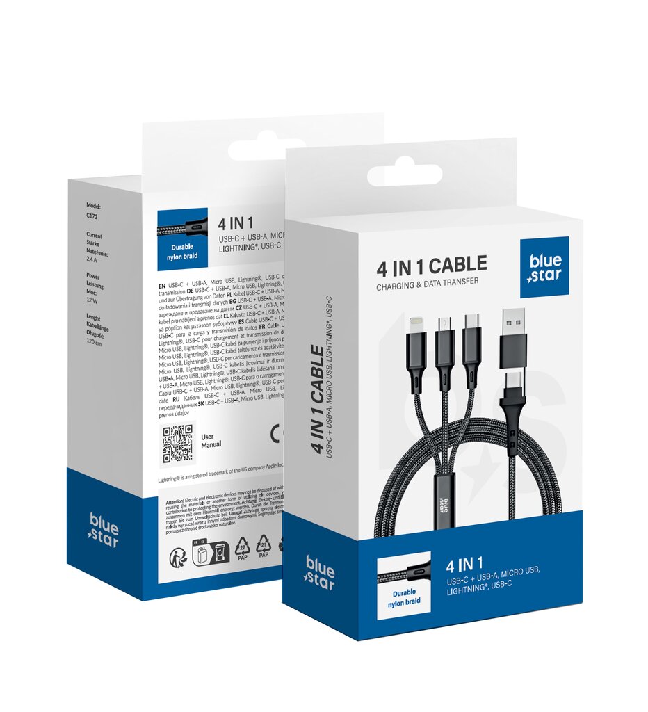 BLUE STAR kaabel 4in1 Type C / USB A to Micro USB / Lightning / Type C 2,4A 12W Cafule C172 1,2 m price and information | Juhtmed ja kaablid | hansapost.ee