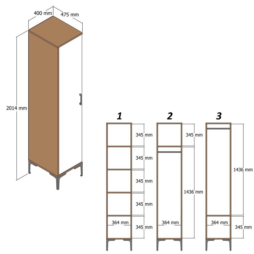 Riidekapp Asir Kumsal P, pruun/hall hind ja info | Kapid | hansapost.ee