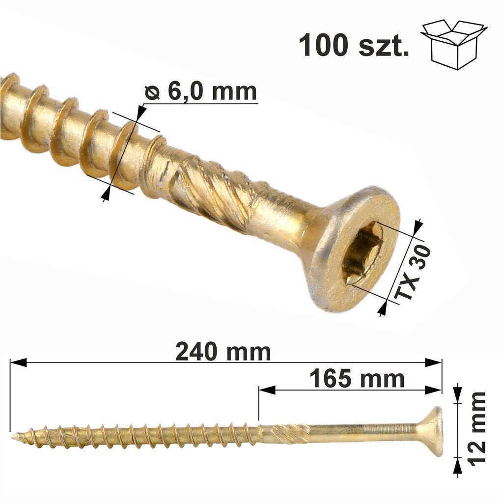 Puidukruvid Torx 6x240 mm, koonilised, Klimas Wkcs price and information | Kinnitusvahendid | hansapost.ee