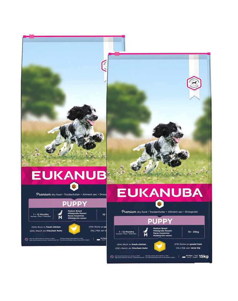 Eukanuba keskmise suurusega kutsikatele kanaga, 30 kg (2x15 kg) hind ja info | Koerte kuivtoit ja krõbinad | hansapost.ee