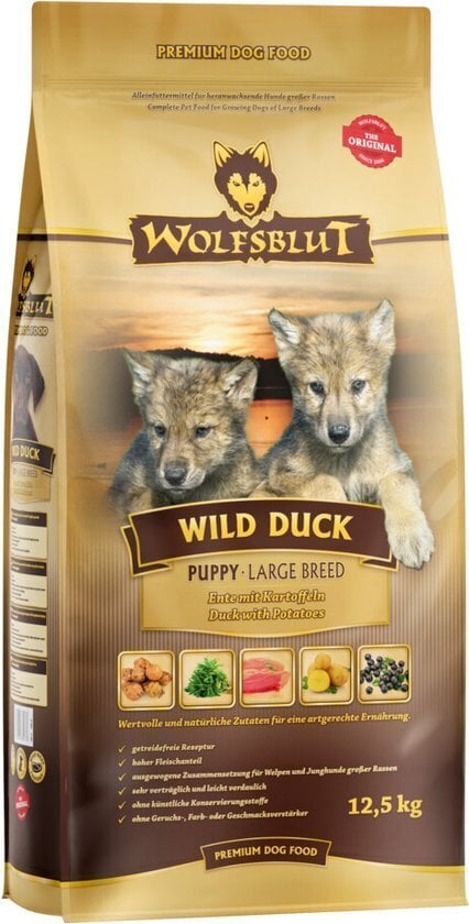 Wolfsblut Wild Duck Large Breed Puppy pardilihaga, 12,5 kg hind ja info | Koerte kuivtoit ja krõbinad | hansapost.ee