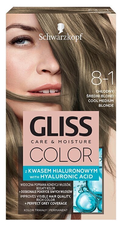 Juuksevärv Schwarzkopf Gliss Color 8-1 Cool Medium Blonde hind ja info | Juuksevärvid | hansapost.ee