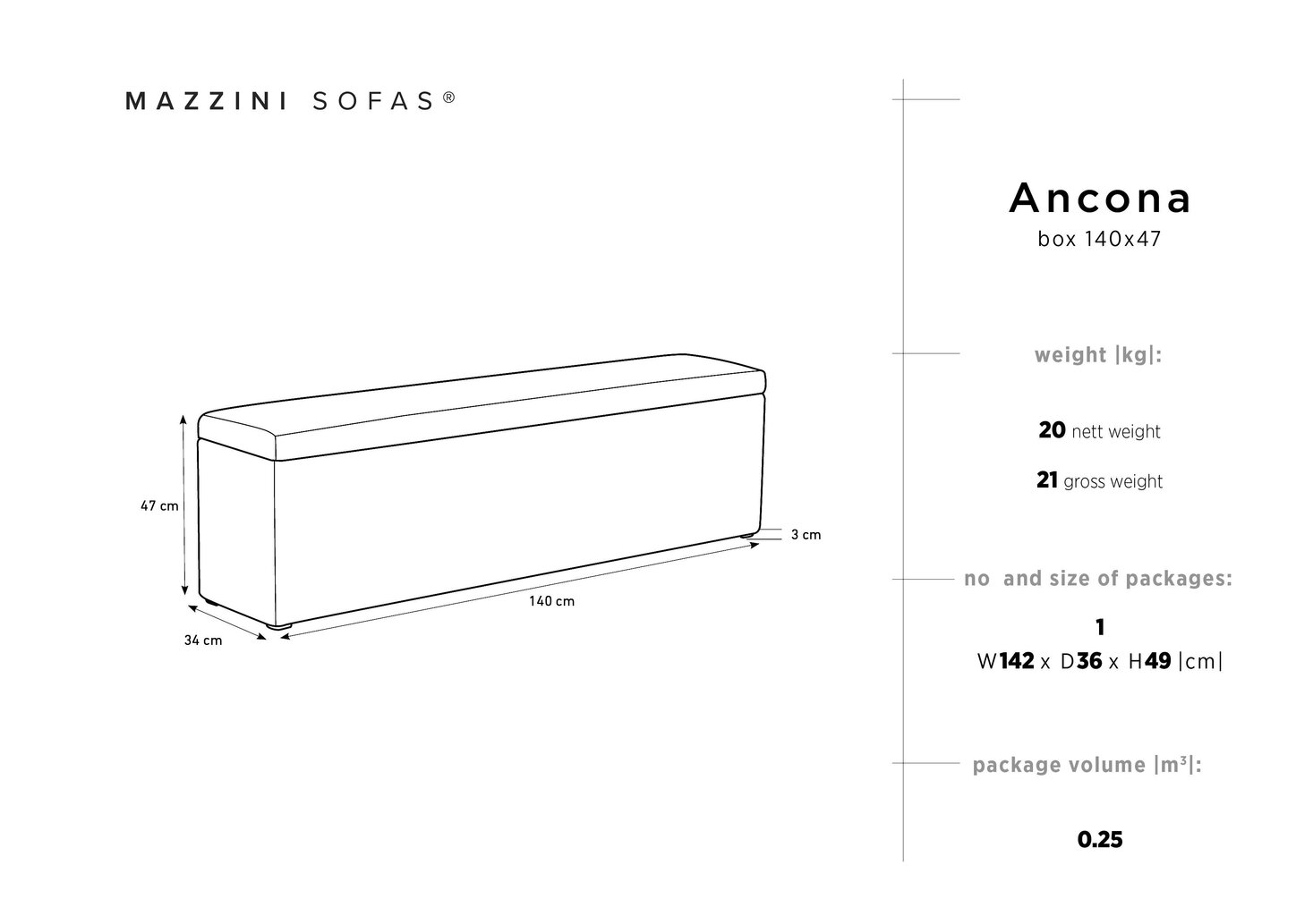 Tumba koos hoiukastiga Mazzini Sofas Ancona 140, hall цена и информация | Kott-toolid, tumbad, järid | hansapost.ee