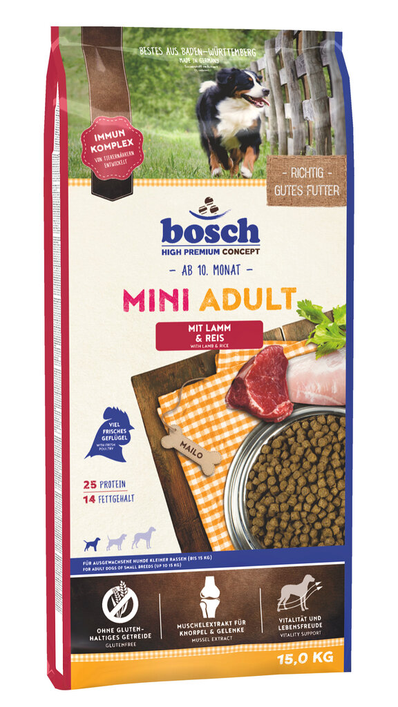 Bosch Mini Adult Lamb & Rice koeratoit lambaliha ja riisiga, 15kg цена и информация | Koerte kuivtoit ja krõbinad | hansapost.ee