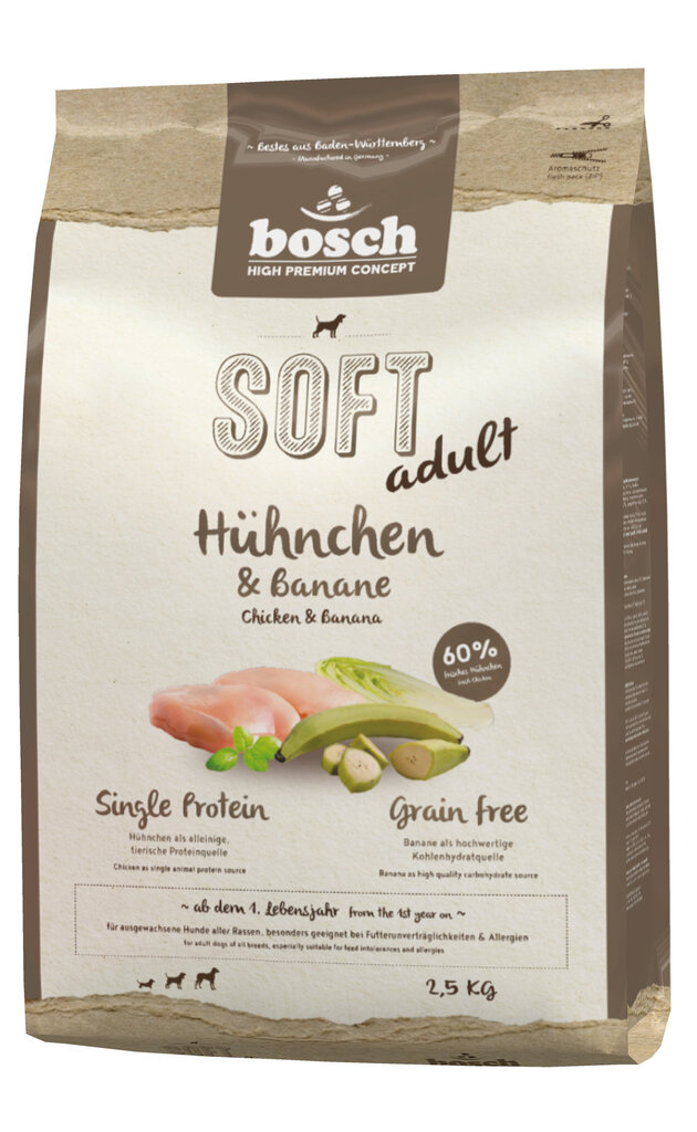 Kuivtoit koertele Bosch HPC Soft+ Chicken & Banana teraviljavaba (üks valk) 2,5kg цена и информация | Koerte kuivtoit ja krõbinad | hansapost.ee