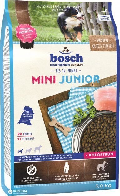 Kuivtoit väikestest tõugudest noortele kutsikatele BOSCH Mini Junior, 3 kg hind ja info | Koerte kuivtoit ja krõbinad | hansapost.ee