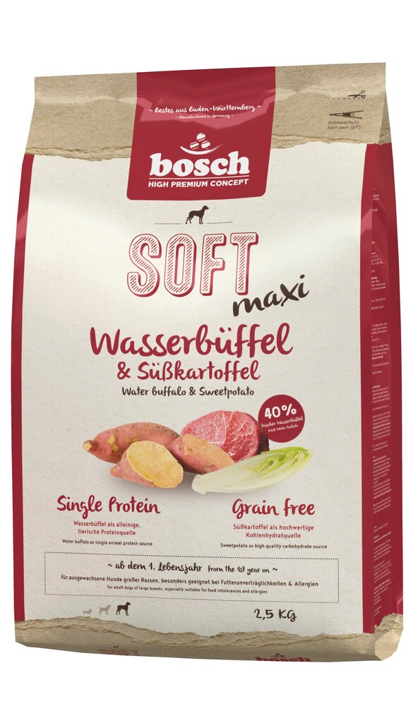 Bosch Pet Food Plus SOFT MAXI Water Buffalo & Sweetpotato 2,5kg цена и информация | Koerte kuivtoit ja krõbinad | hansapost.ee