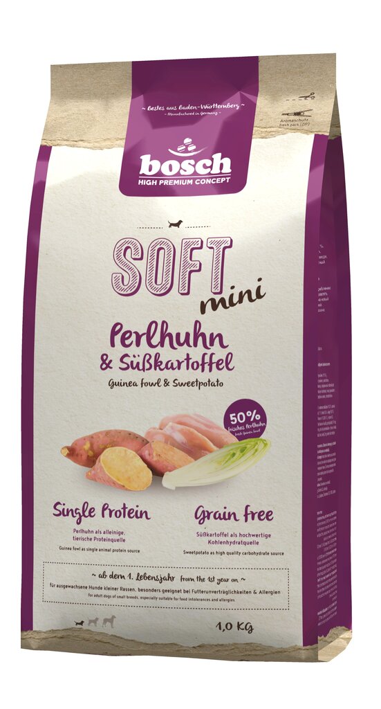 Koeratoit Bosch Pet Food Plus SOFT MINI Guinea Fowl & Sweetpotato 1kg цена и информация | Koerte kuivtoit ja krõbinad | hansapost.ee