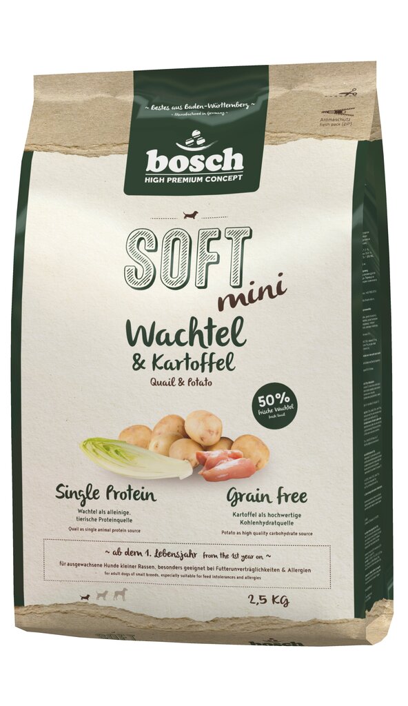 Koeratoit Bosch Pet Food Plus SOFT MINI Quail & Potato 2,5kg hind ja info | Koerte kuivtoit ja krõbinad | hansapost.ee