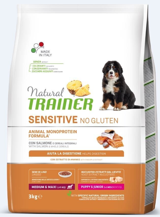 Kuivtoit koertele lõhega Natural Trainer Sensitive No Gluten keskmist ja suurt tõugu noortele koertele, 3 kg цена и информация | Koerte kuivtoit ja krõbinad | hansapost.ee