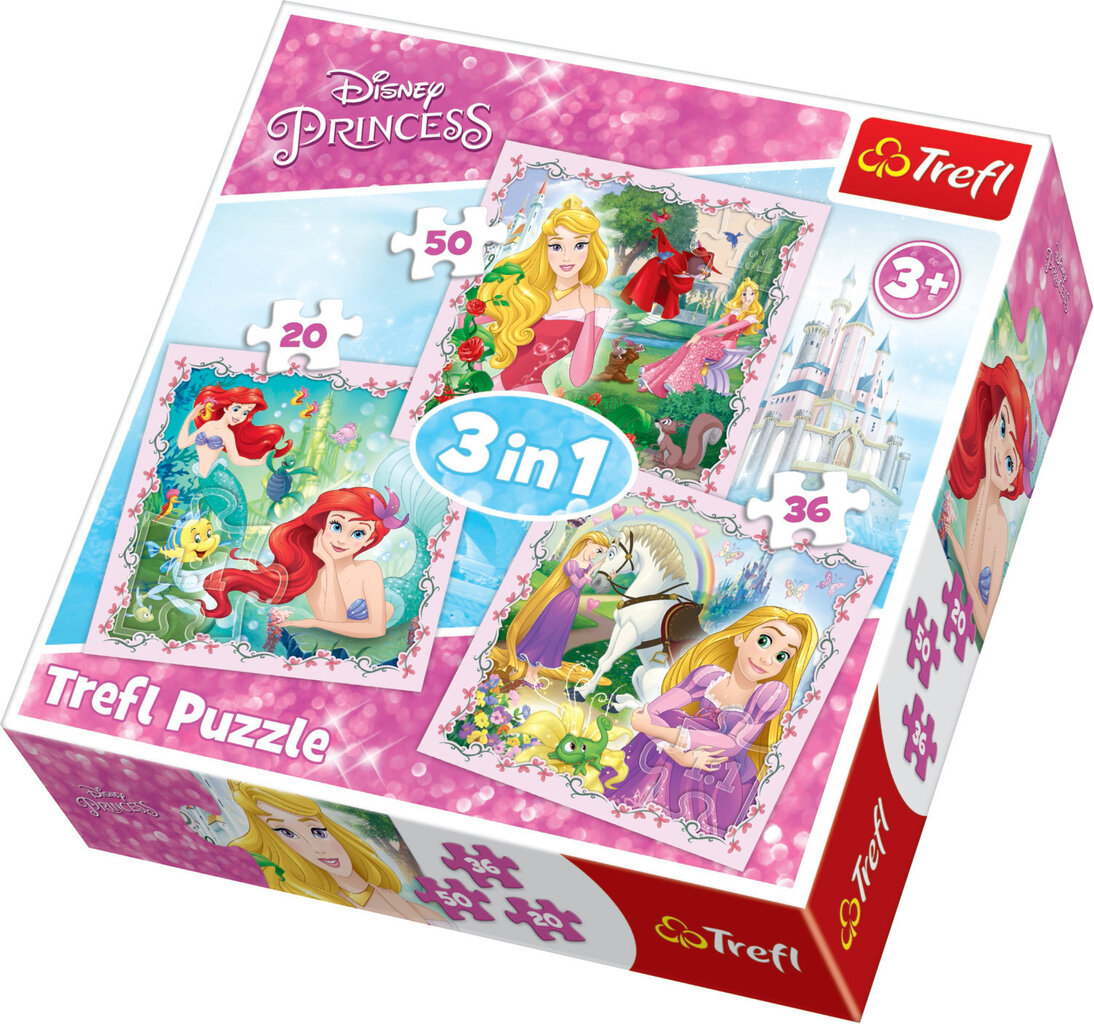 Pusle komplekt Trefl 3 in 1 Disney Princess, 20+50+36 цена и информация | Pusled lastele ja täiskasvanutele | hansapost.ee