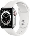 Смарт-часы Apple Watch Series 6 (GPS + Cellular LT, 40мм) серебряный корпус из нержавеющей стали с белым спортивным ремешком