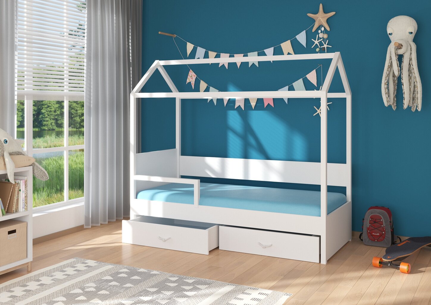 Voodi ADRK Furniture Otello 80x180 cm koos küljekaitsega ja kaitsega, valge/sinine цена и информация | Lastevoodid | hansapost.ee