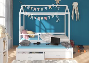 Voodi ADRK Furniture Jonasek külgkaitsega 80x180cm, valge sinise varikatusega цена и информация | Детские кровати | hansapost.ee