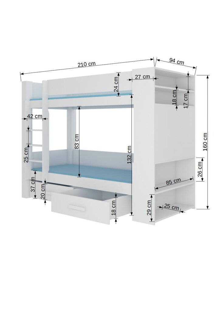 Voodi ADRK Furniture Garet 90x200 cm, valge/helehall цена и информация | Lastevoodid | hansapost.ee