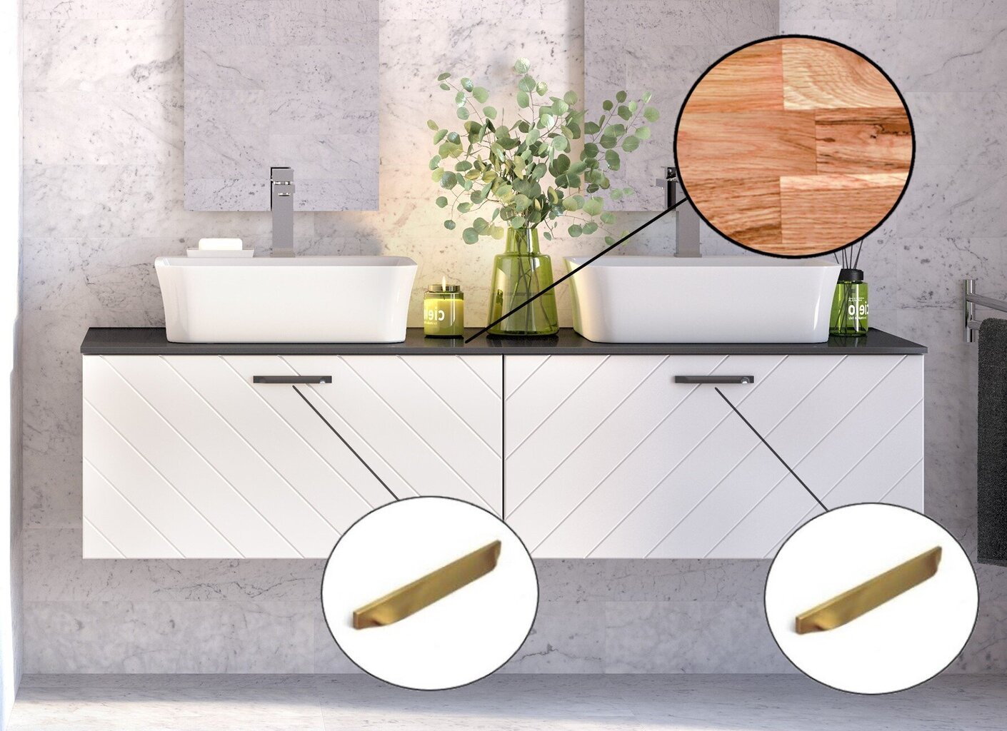 Kahekohaline vannitoakapp Besco Floo 120 koos Oak tööpinnaga, valge/kuldne hind ja info | Vannitoakapid | hansapost.ee