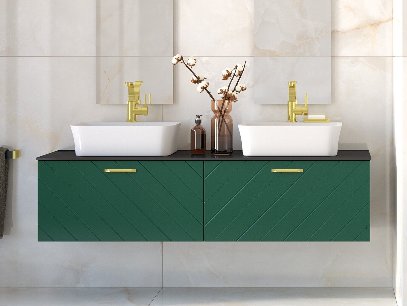 Kahekohaline vannitoakapp Besco Floo 160 koos Oak tööpinnaga, roheline/kuldne hind ja info | Vannitoakapid | hansapost.ee