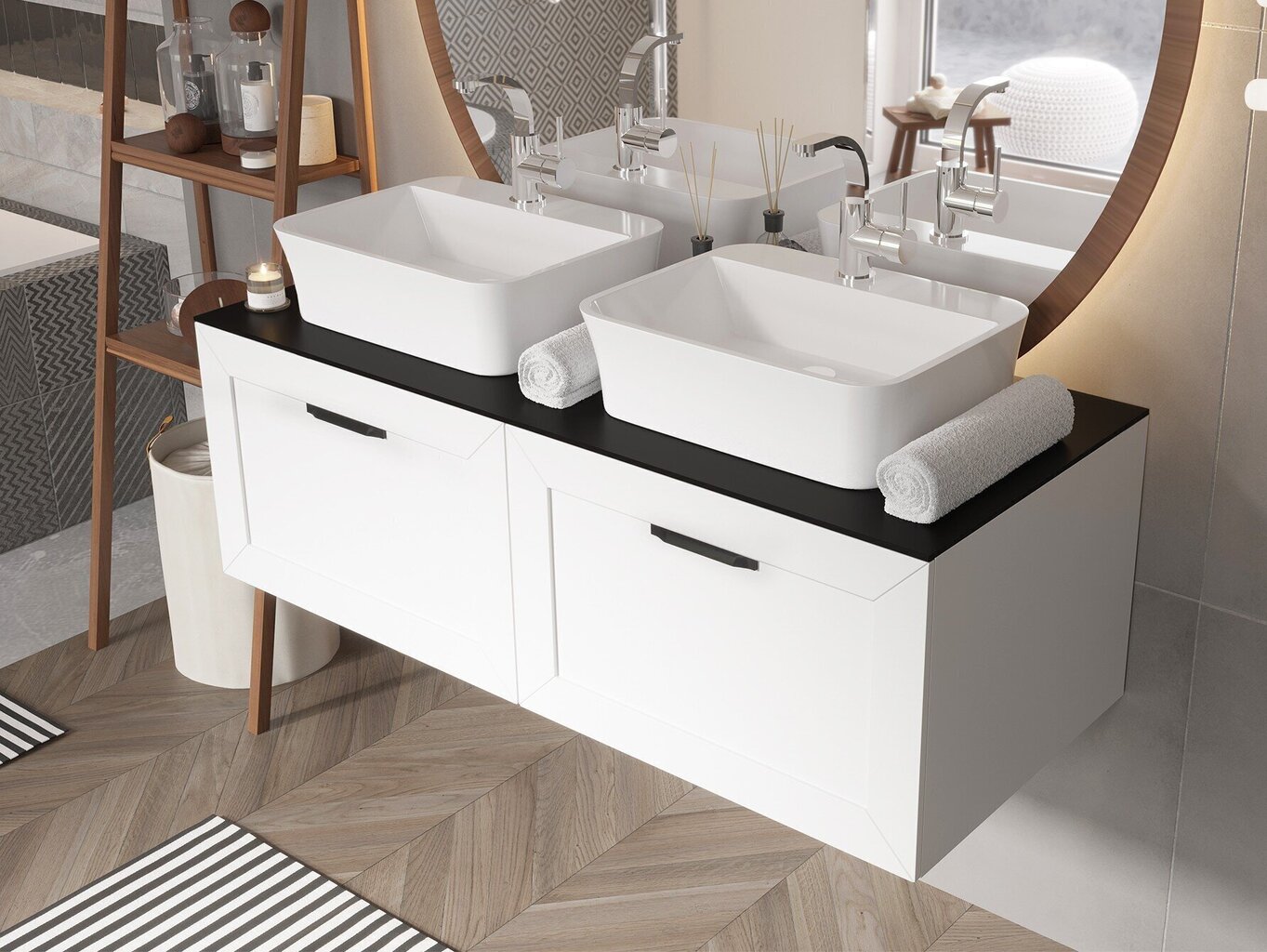 Kahekohaline vannitoakapp Besco Dexa 120 koos Slim marble tööpinnaga ja kuldset värvi käepidemetega, valge hind ja info | Vannitoakapid | hansapost.ee